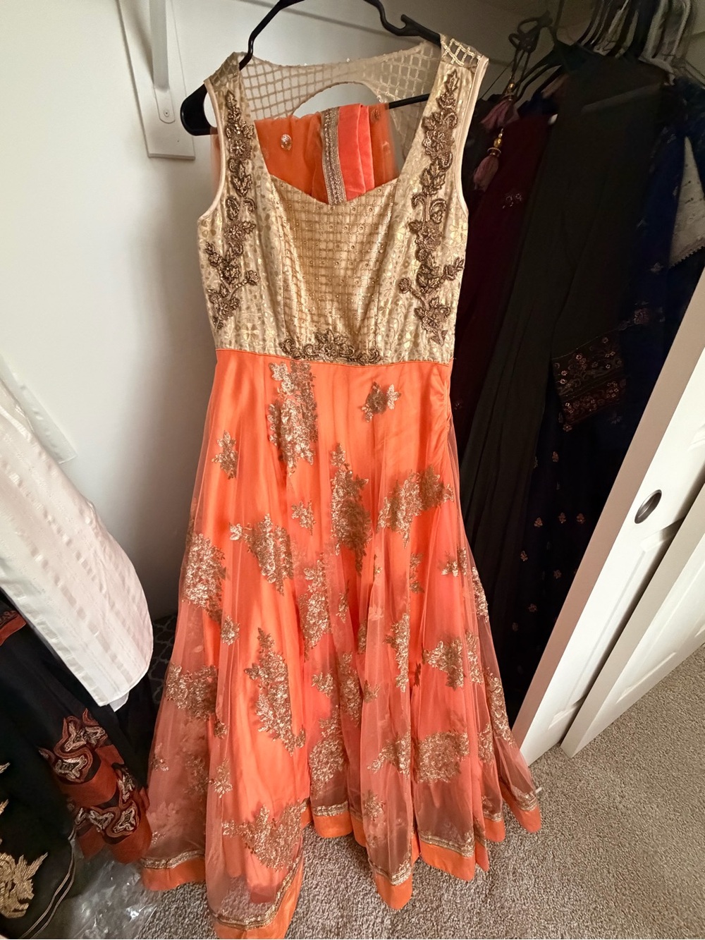 Gold-Embroidered Orange Lehenga Gown for Women, 3 pieces